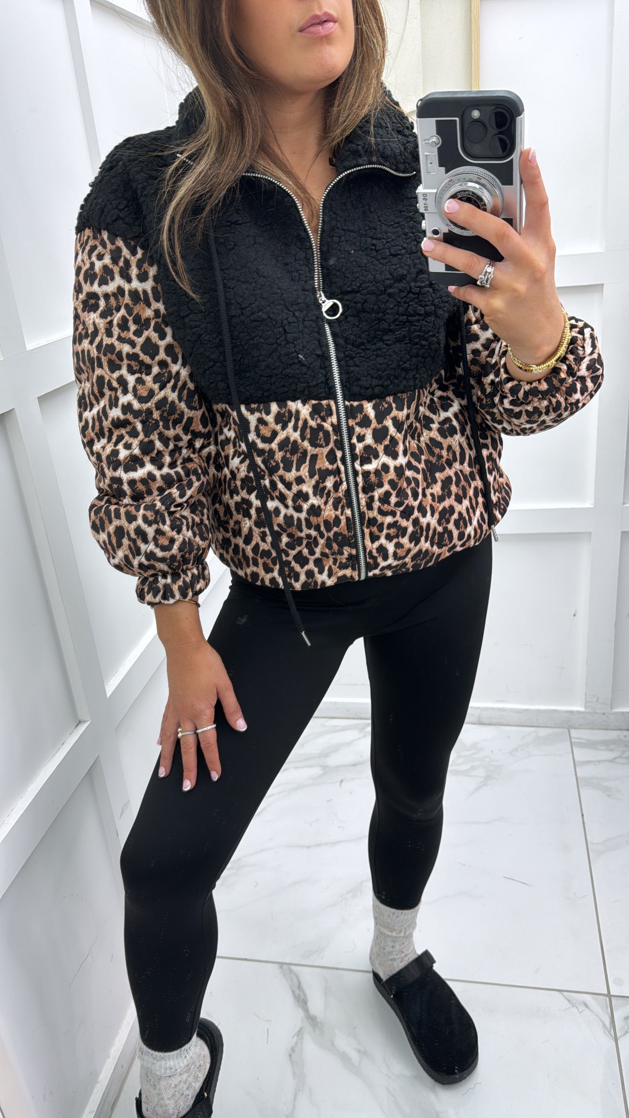 SCARLETT black teddy & leopard print bomber jacket