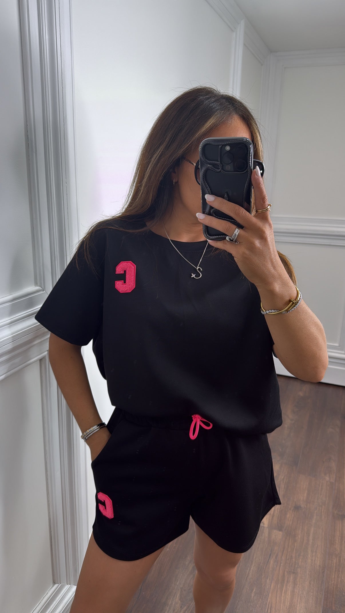STEVIE black varsity shorts and t-shirt co-ord