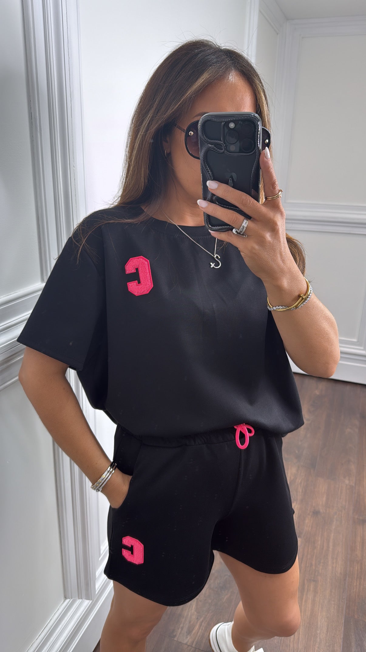 STEVIE black varsity shorts and t-shirt co-ord