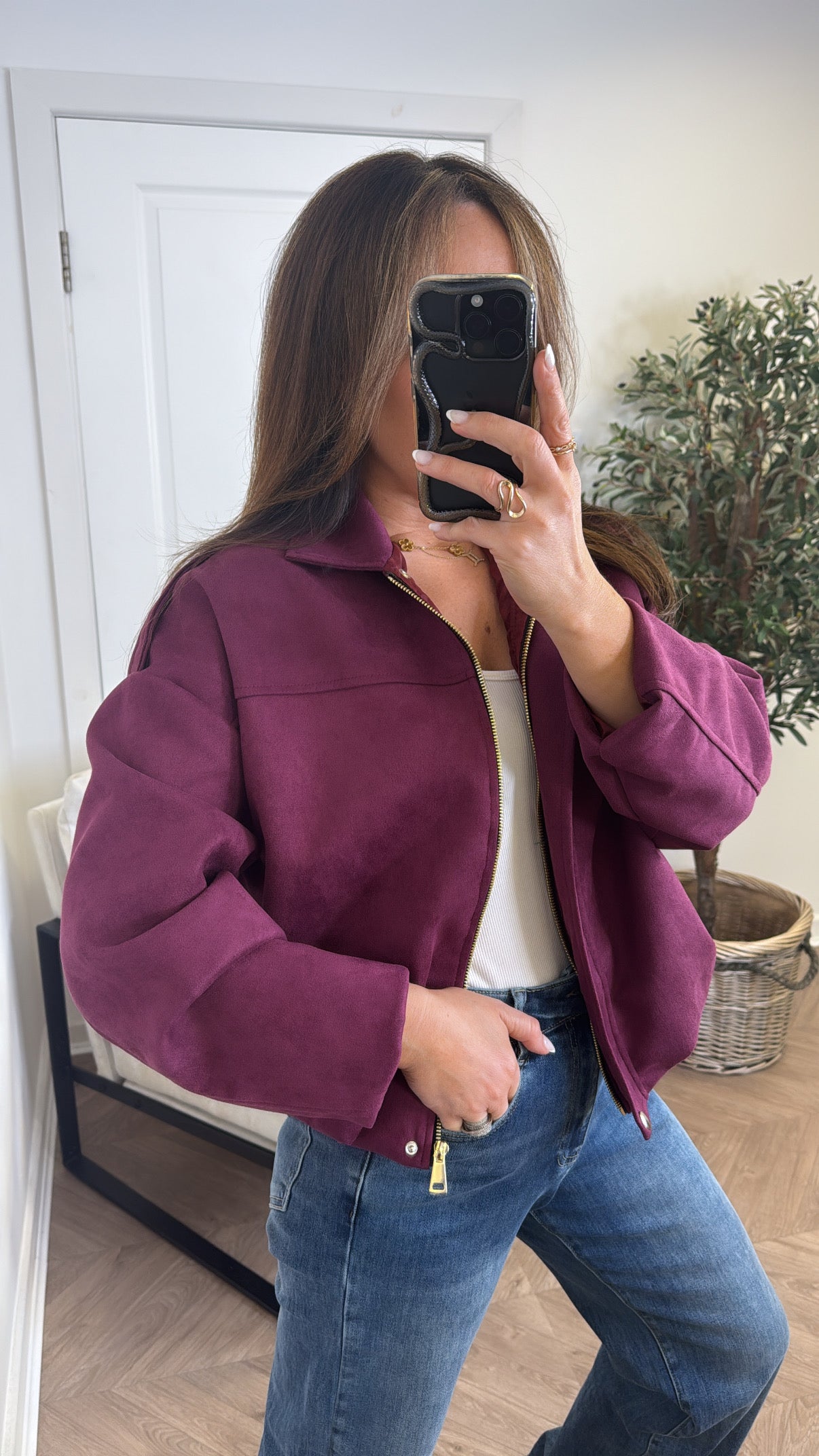 WINNIE berry faux suede jacket