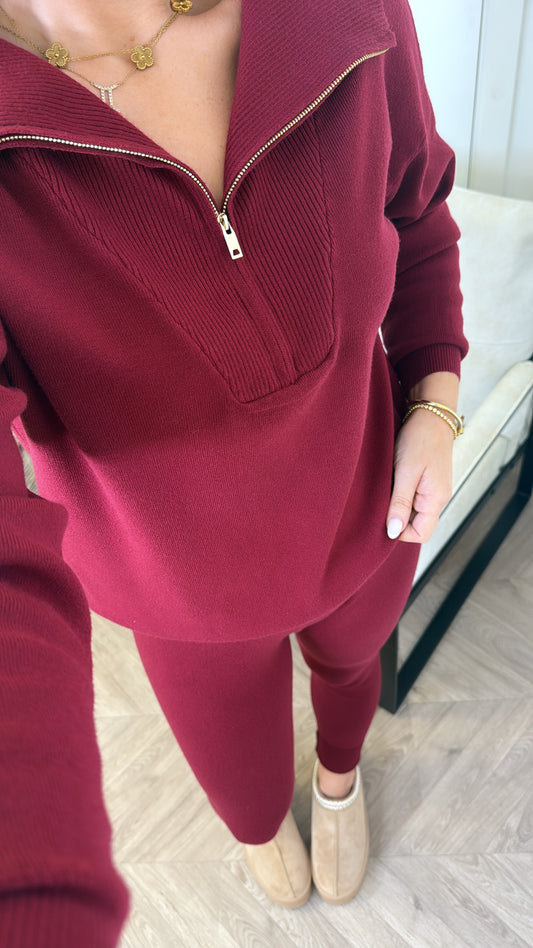 MINA burgundy knitted leggings and sweater lounge set