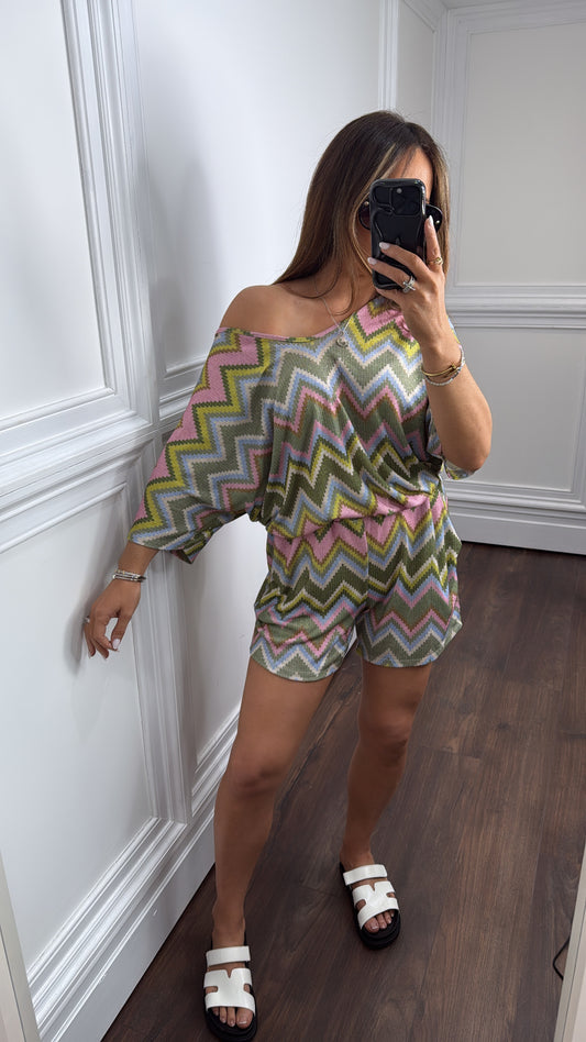 SIA khaki zig zig shorts co-ord