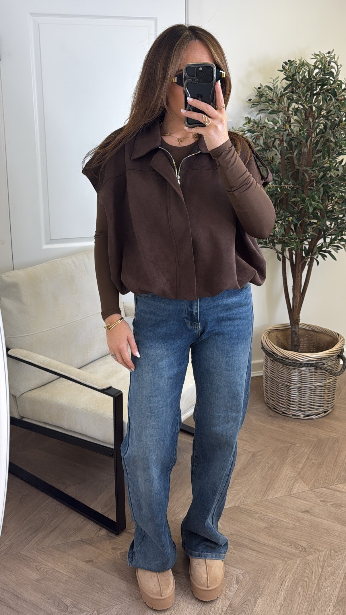 CASSIE chocolate faux suede sleeveless jacket