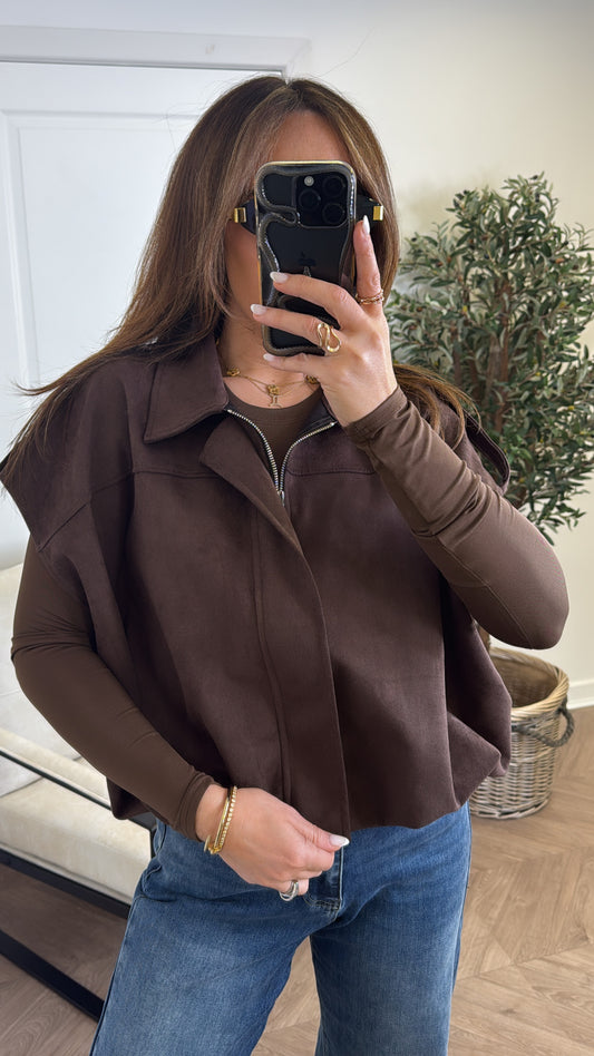 CASSIE chocolate faux suede sleeveless jacket