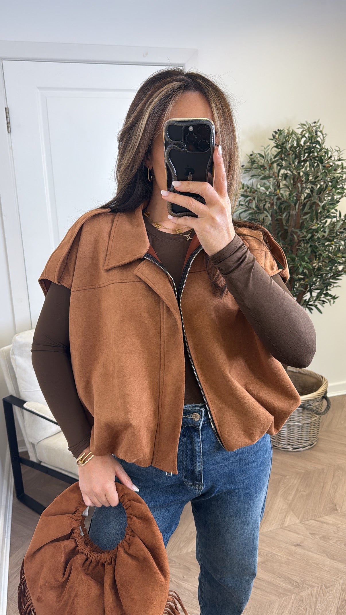 CASSIE camel faux suede sleeveless jacket