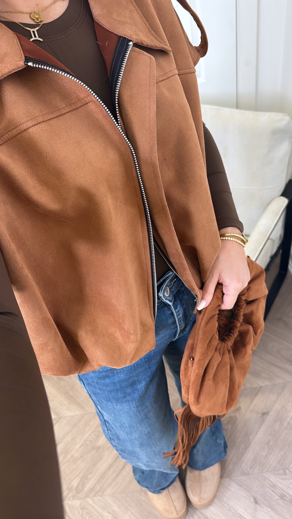 CASSIE camel faux suede sleeveless jacket