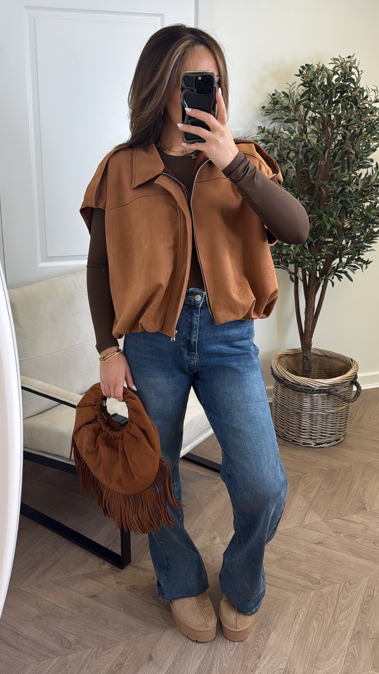 CASSIE camel faux suede sleeveless jacket
