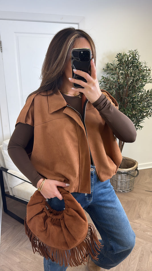 CASSIE camel faux suede sleeveless jacket