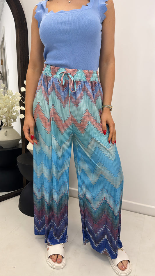 ARIEL blue pleated printed palazzo trousers