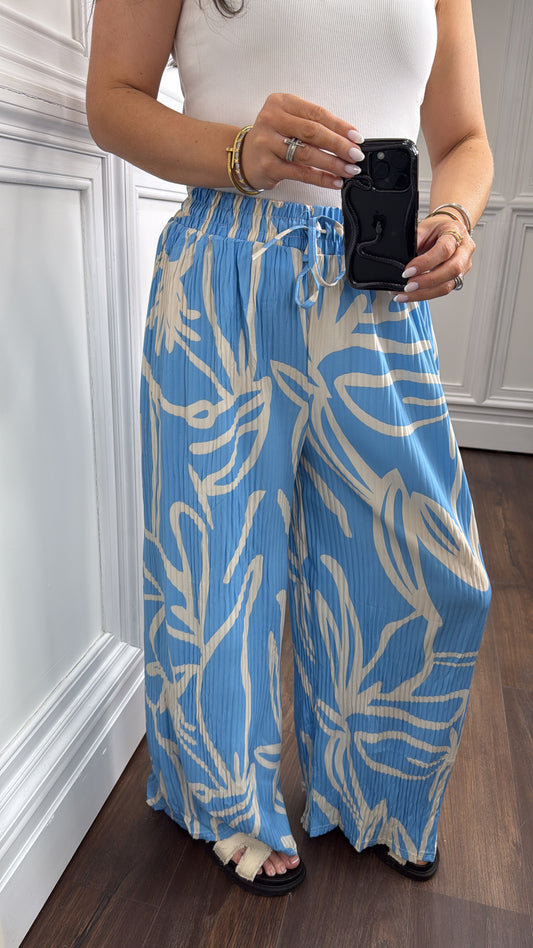 AVA blue and cream abstract print plisse wide leg trousers
