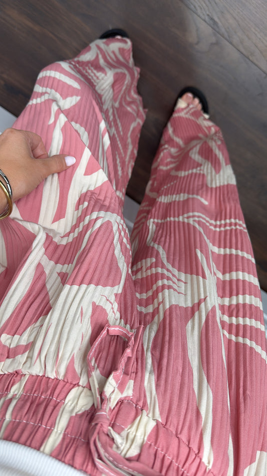 AVA pink abstract print plisse wide leg trousers