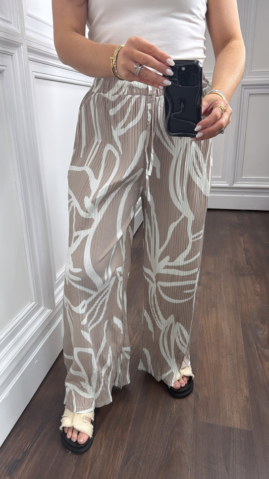 AVA beige abstract print plisse wide leg trousers