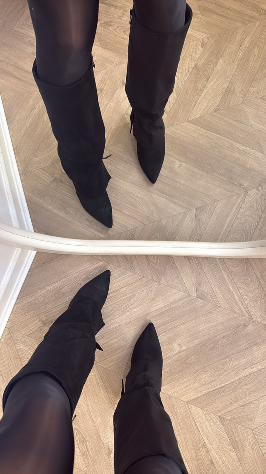 ISABELLA black faux suede fold over heel boots