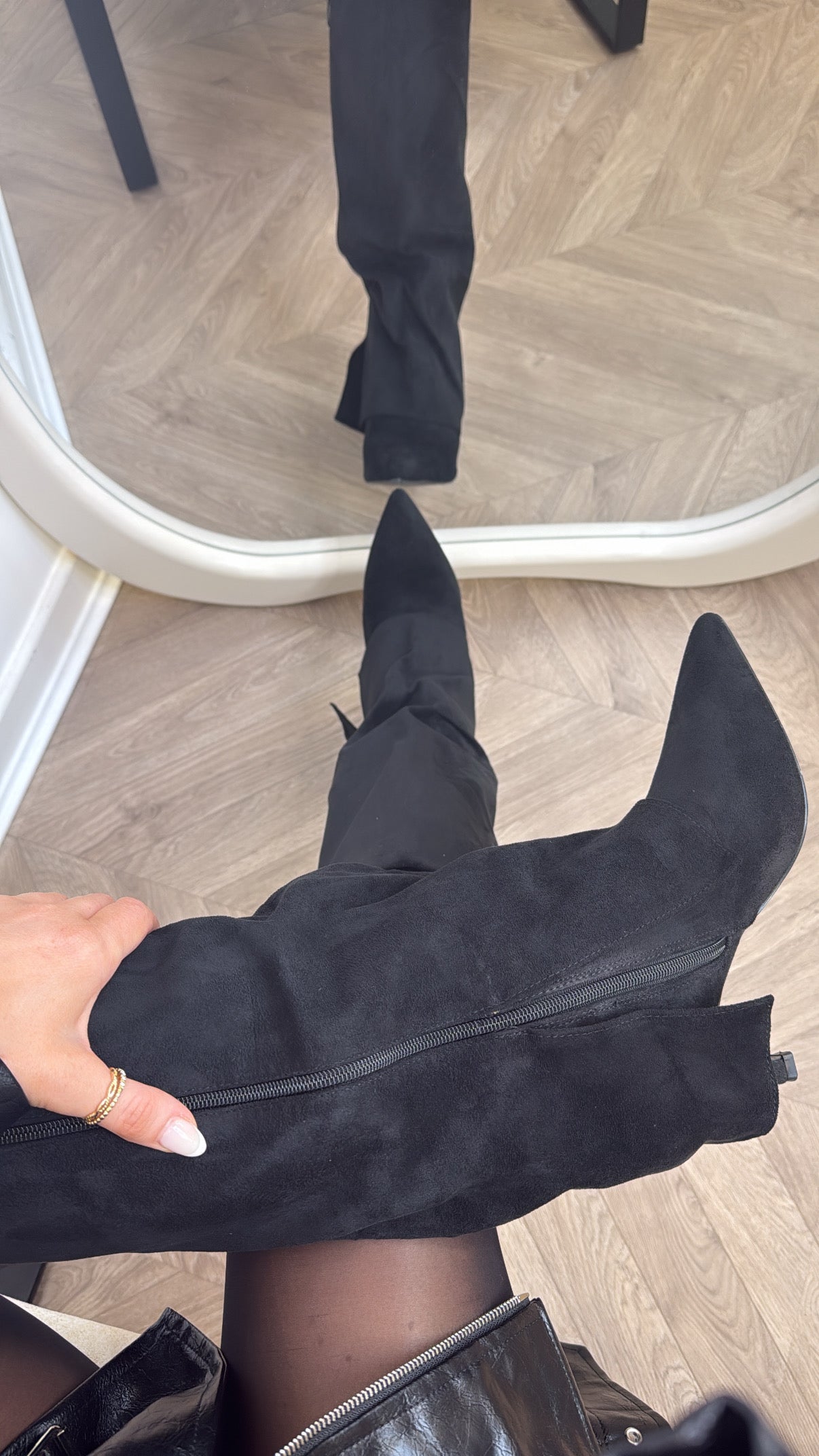 ISABELLA black faux suede fold over heel boots