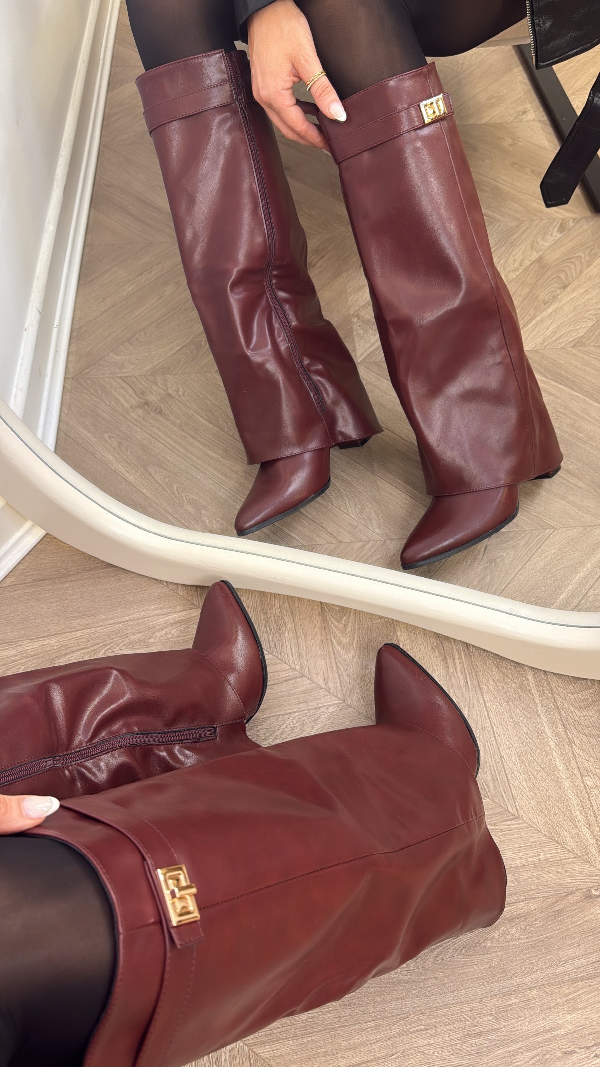 LOU LOU burgundy faux leather fold down knee boots