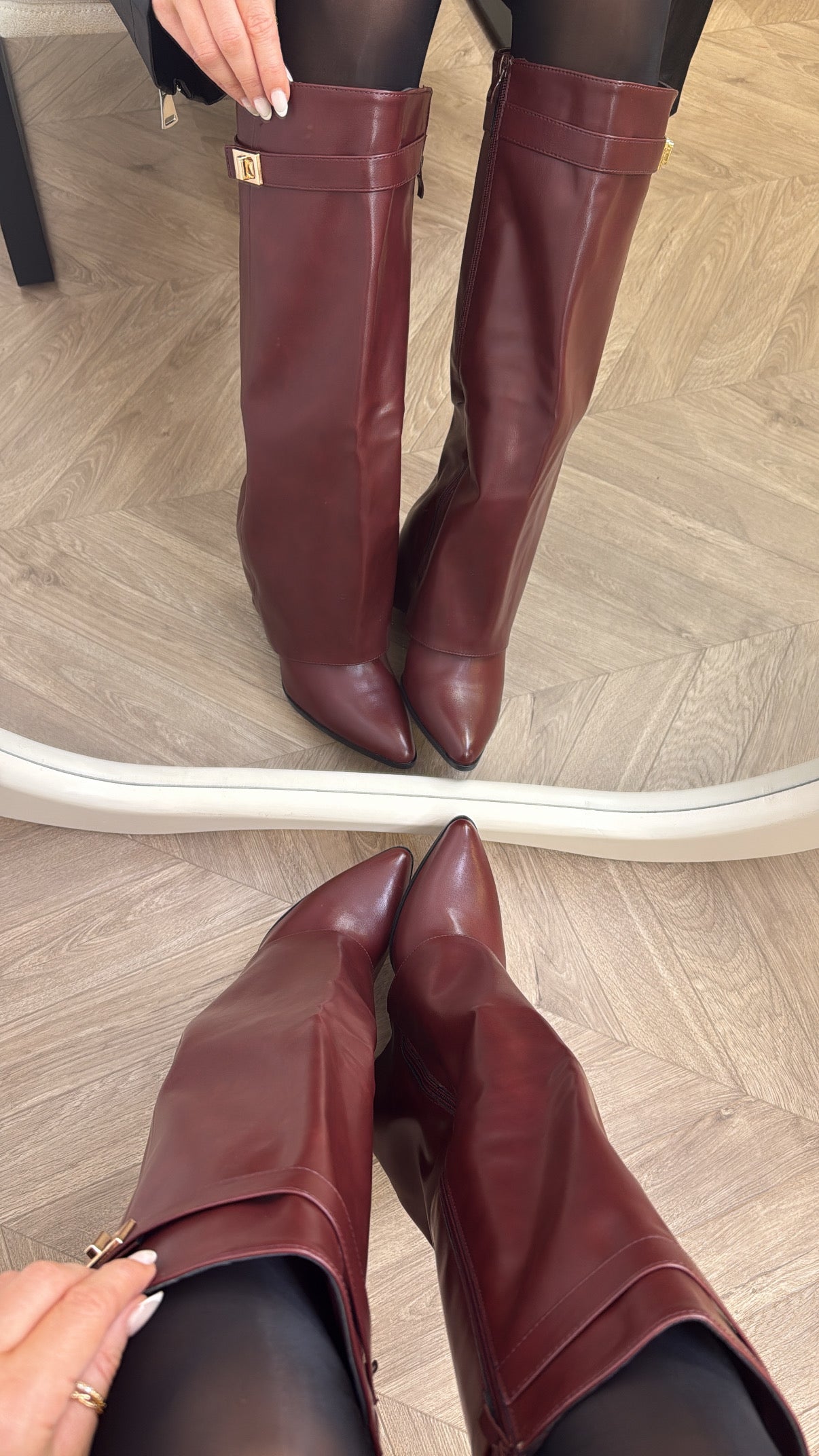 LOU LOU burgundy faux leather fold down knee boots