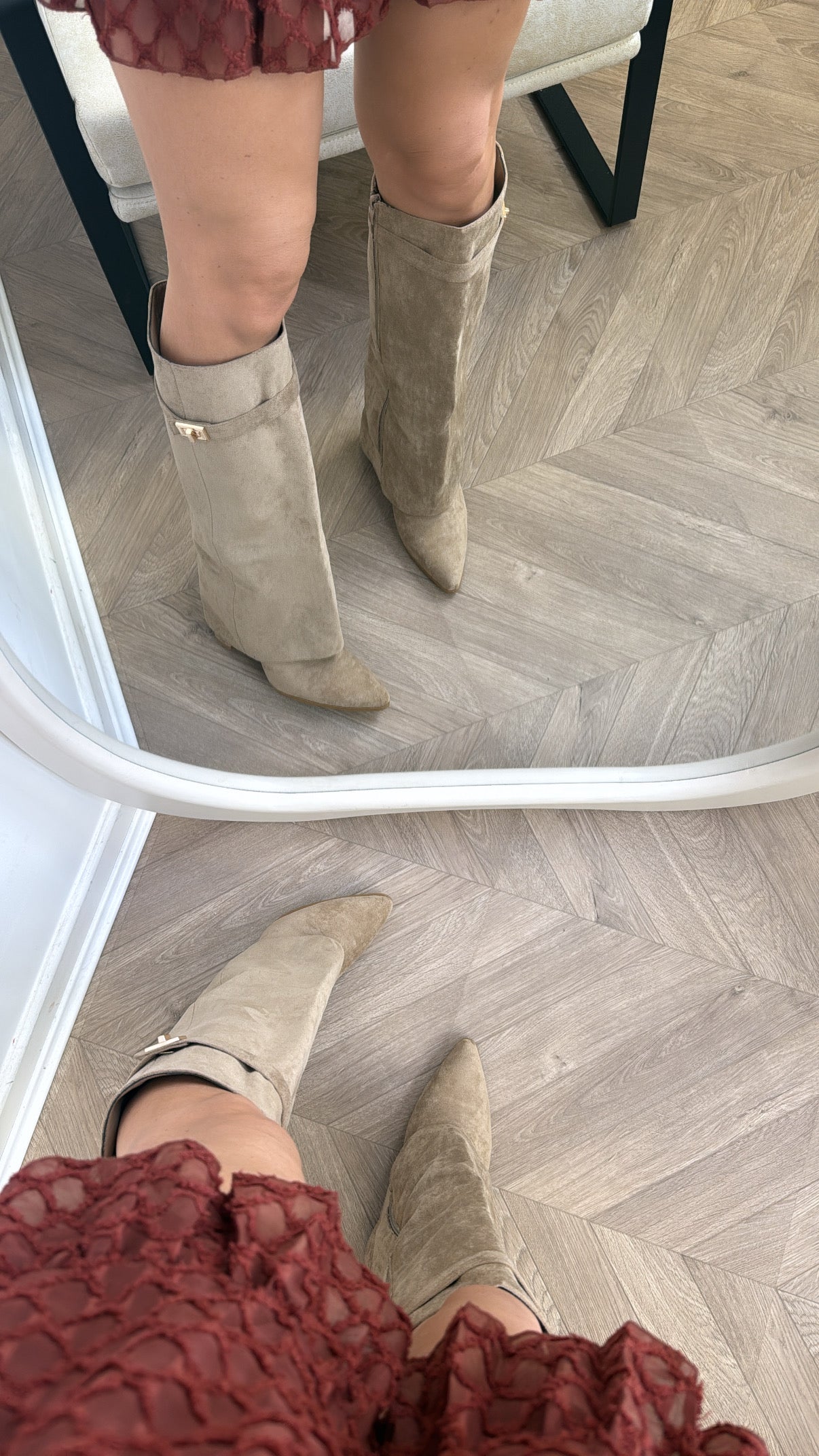 LOU LOU mocha faux suede fold down knee boots