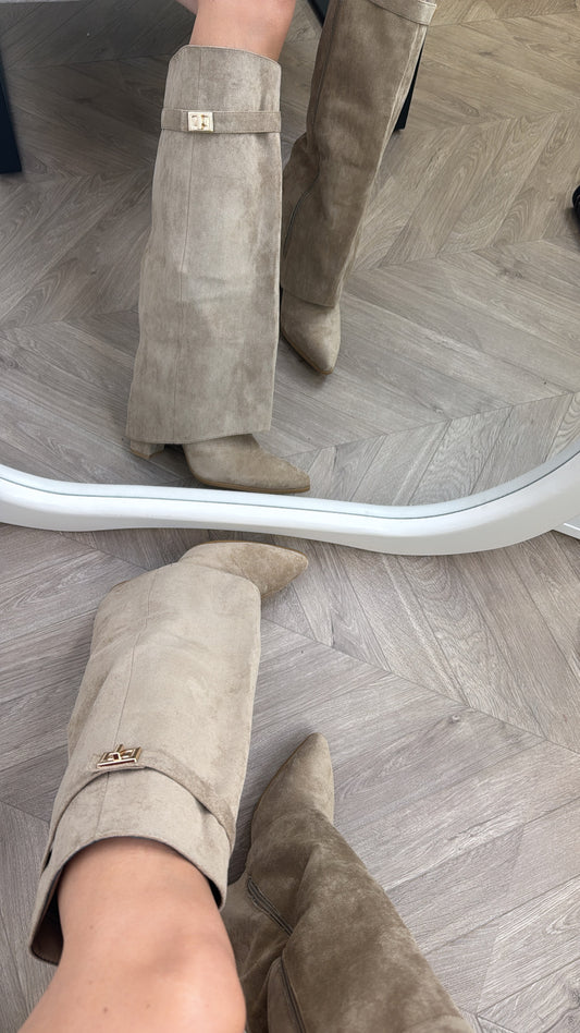 LOU LOU mocha faux suede fold down knee boots