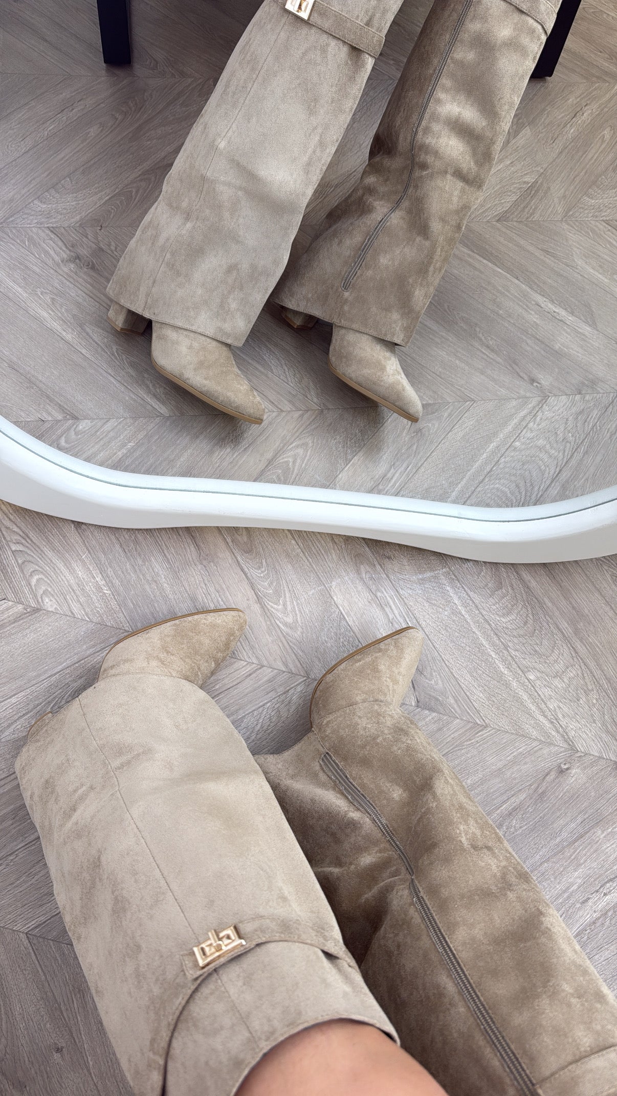 LOU LOU mocha faux suede fold down knee boots