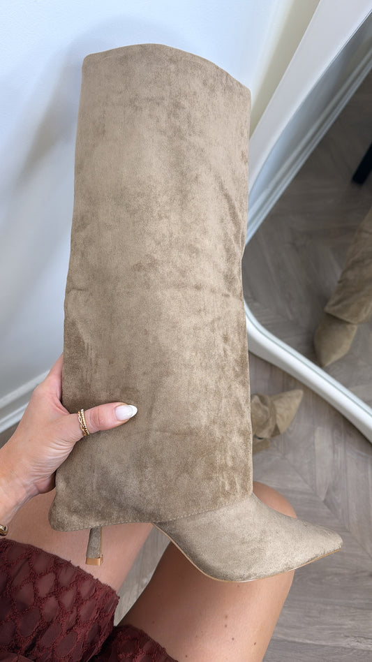 ISABELLA mocha faux suede fold over heel boots