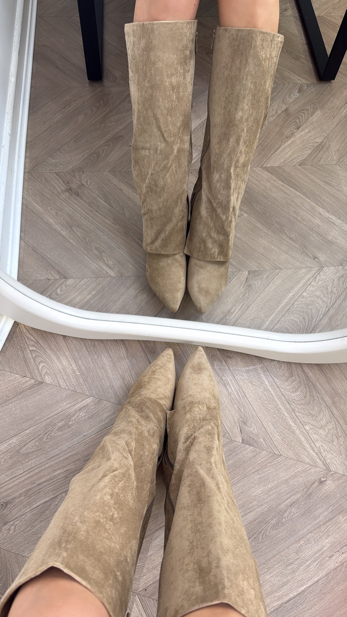 ISABELLA mocha faux suede fold over heel boots