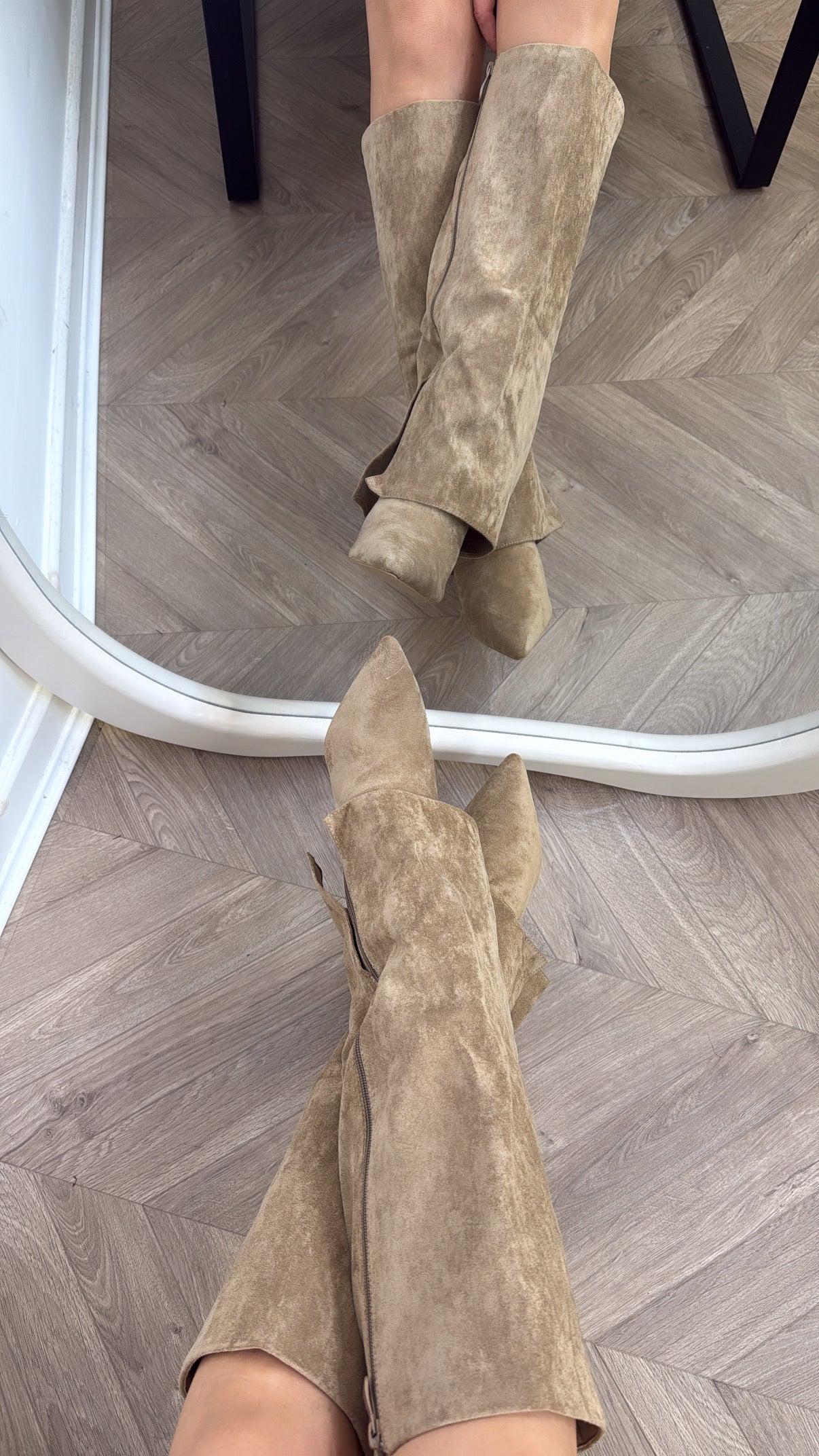 ISABELLA mocha faux suede fold over heel boots