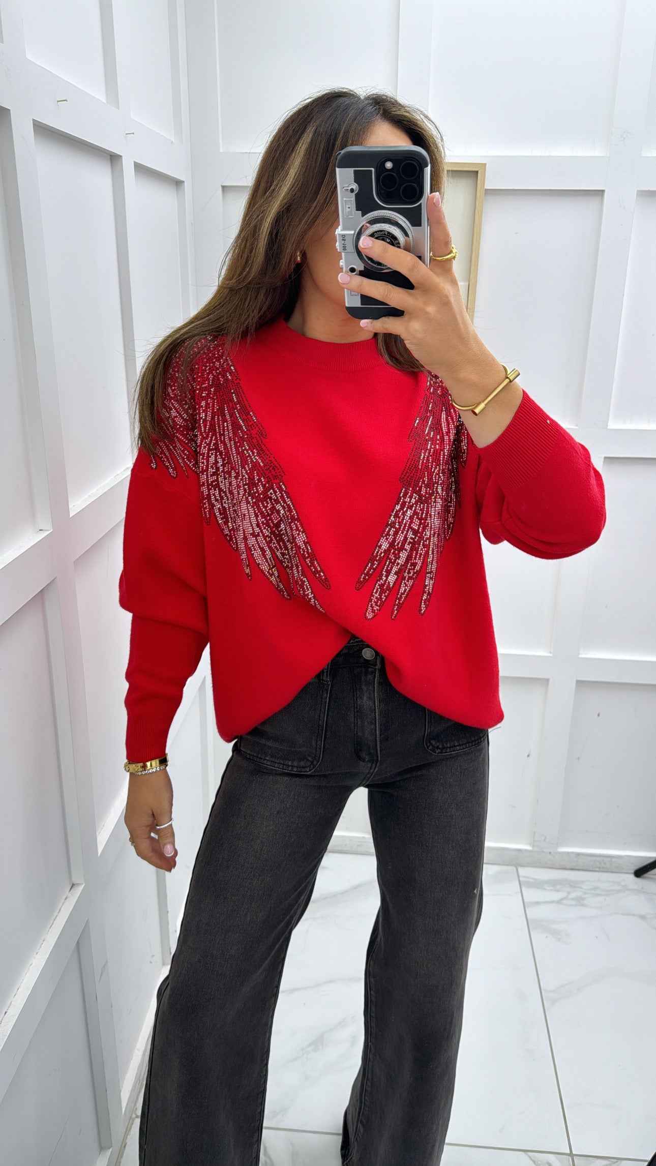 SHARNA red embellished angel wing jumper