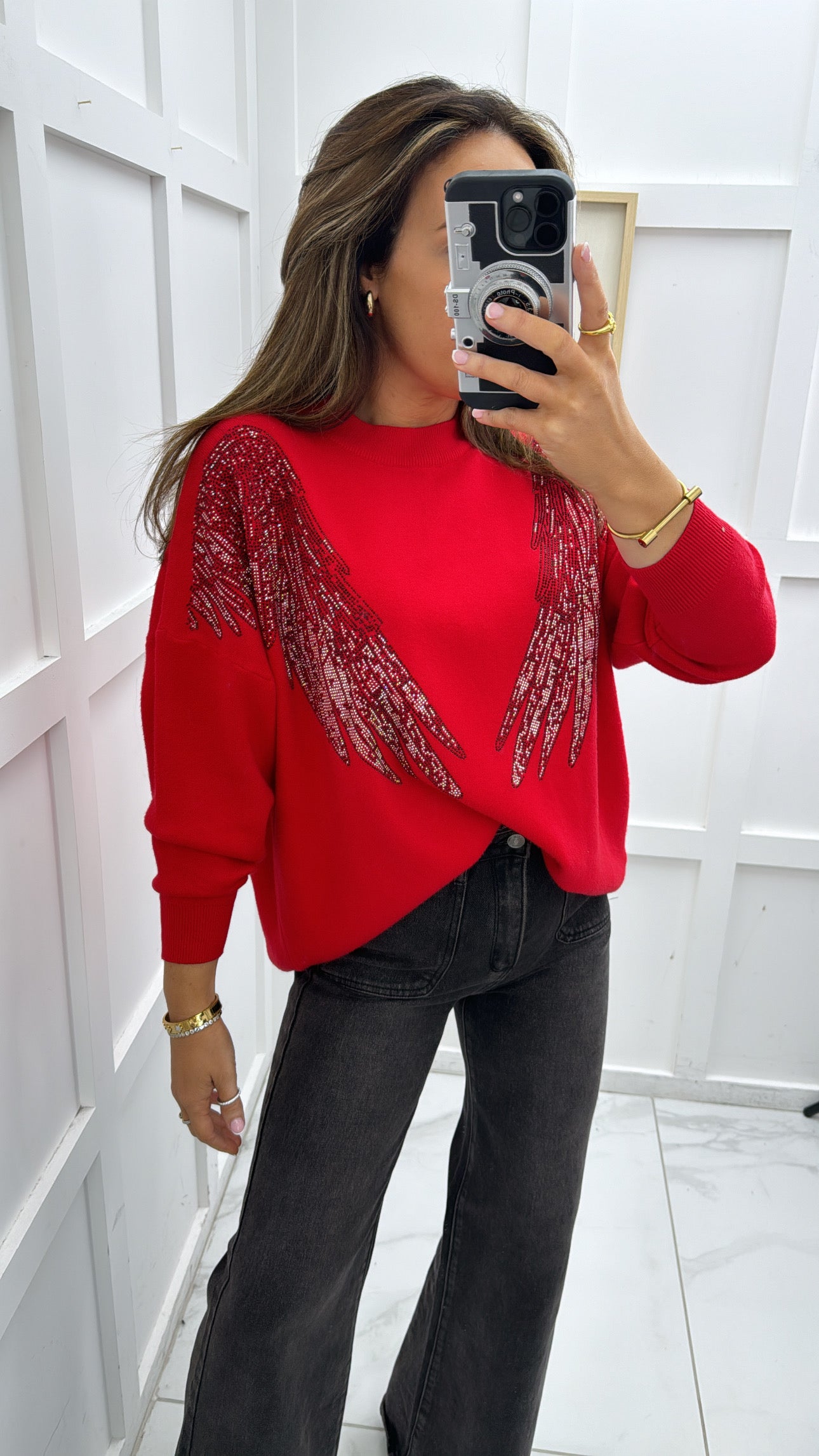 SHARNA red embellished angel wing jumper