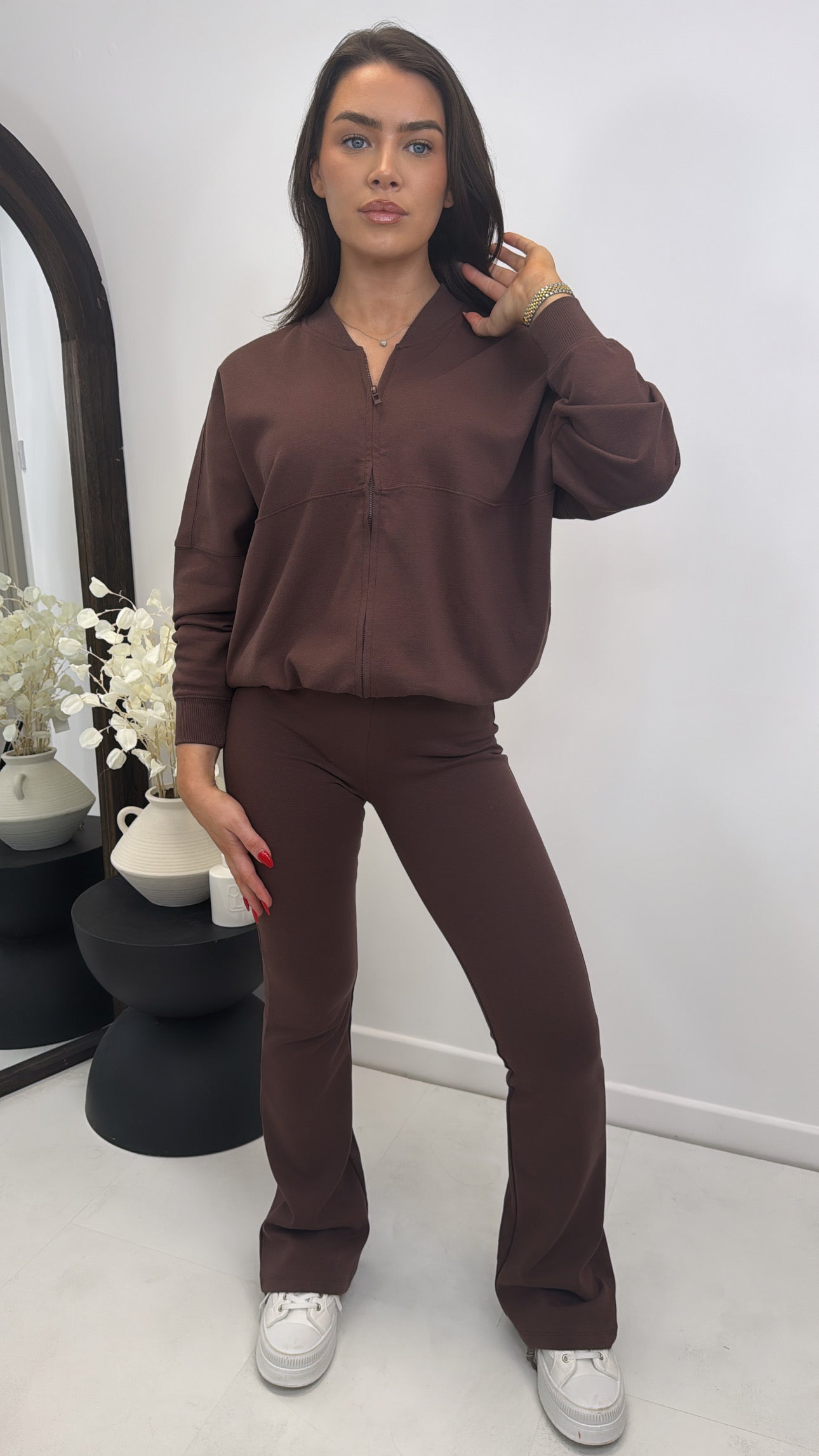 LOTTIE chocolate zip up jacket and flare trousers lounge set