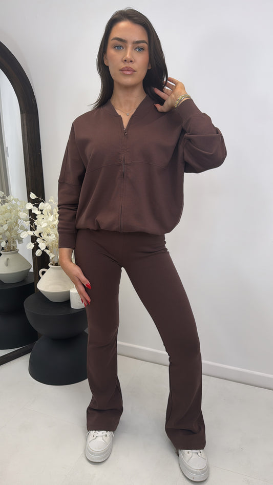 LOTTIE chocolate zip up jacket and flare trousers lounge set
