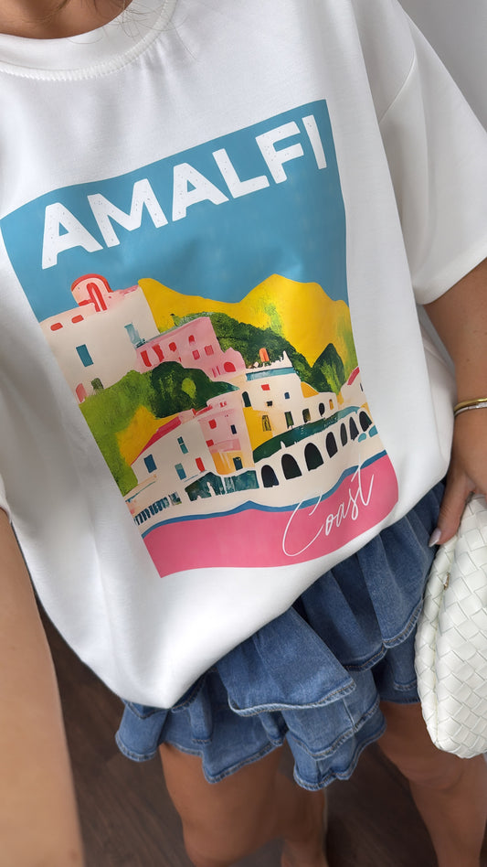 AMALFI COAST white super soft blue logo t-shirt