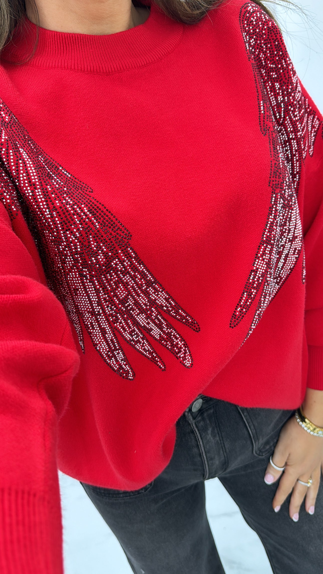 SHARNA red embellished angel wing jumper