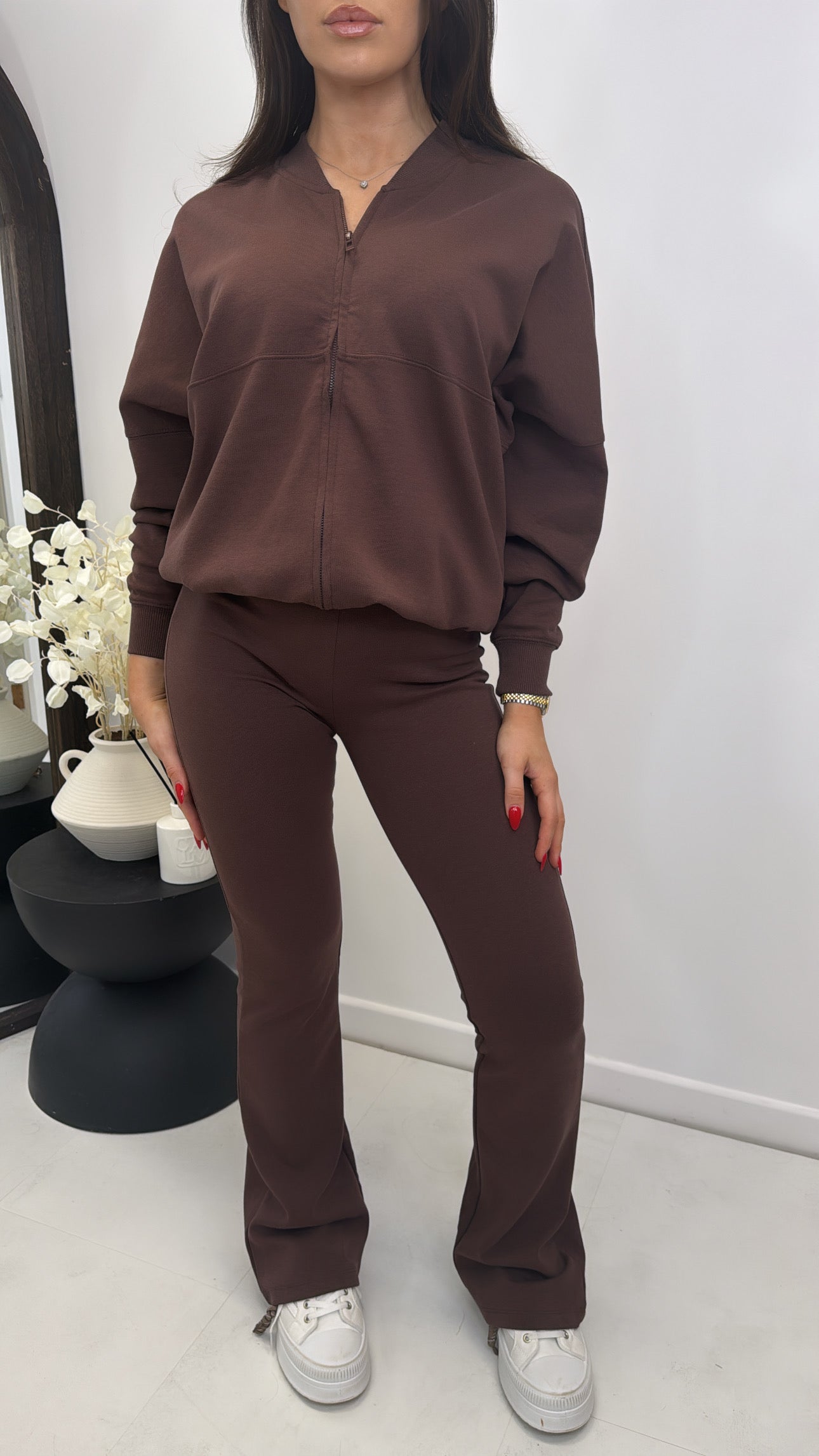 LOTTIE chocolate zip up jacket and flare trousers lounge set