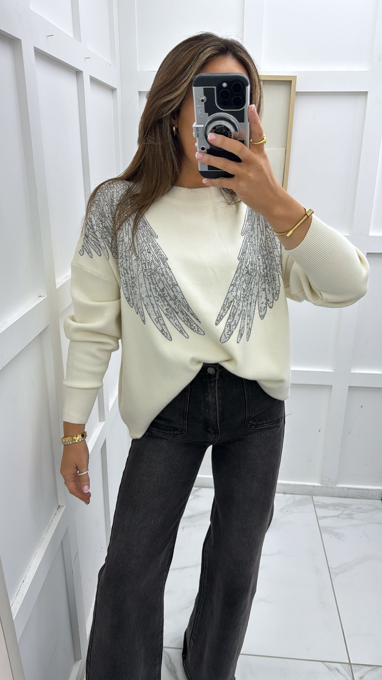 SHARNA cream embellished angel wing jumper