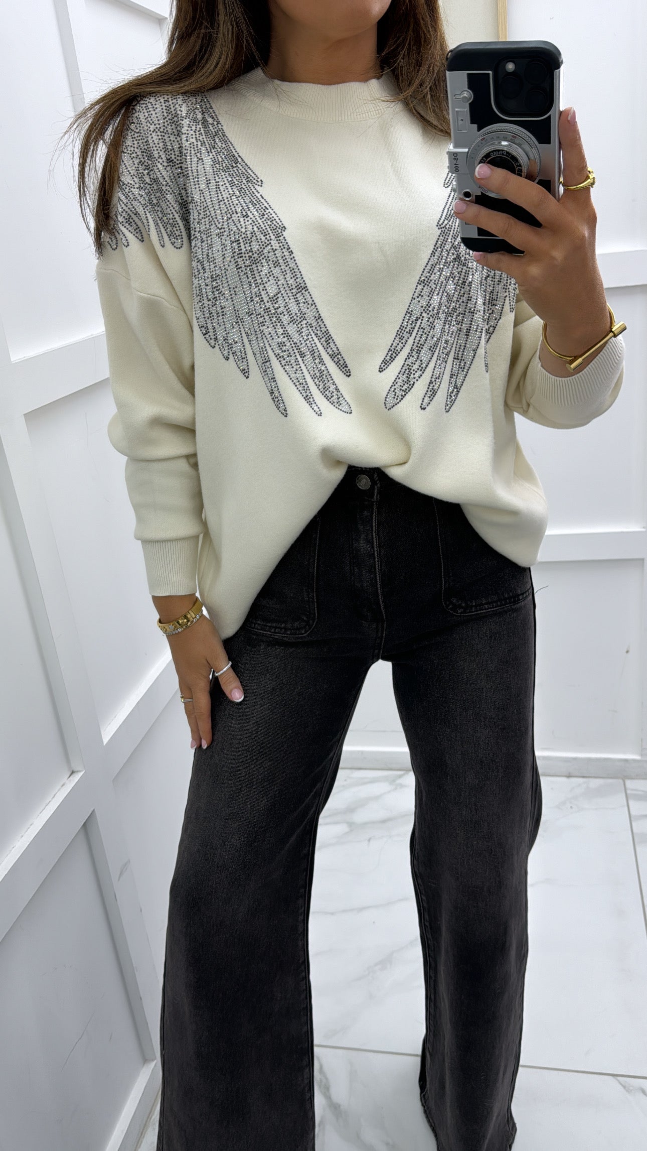 SHARNA cream embellished angel wing jumper