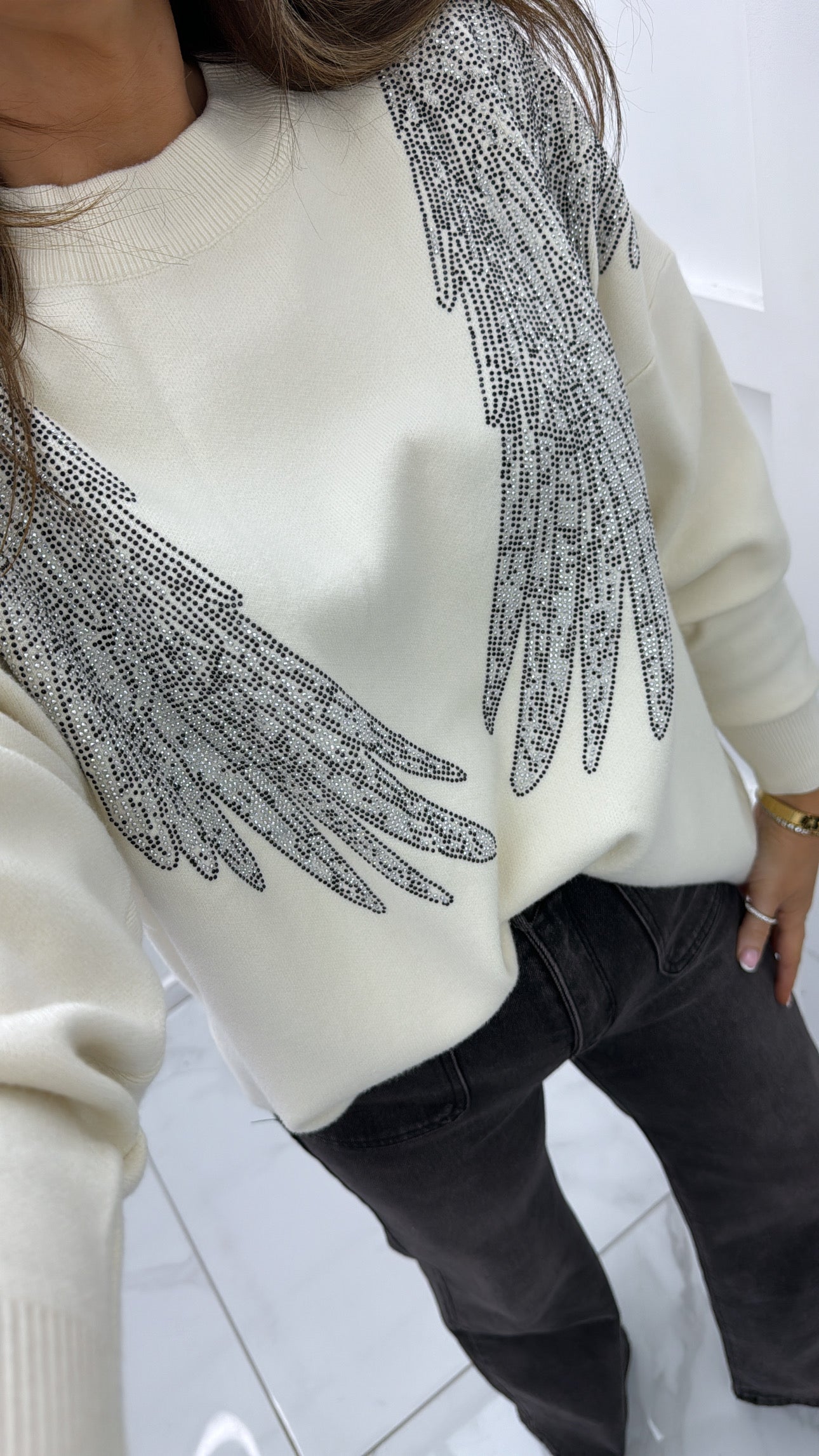 SHARNA cream embellished angel wing jumper