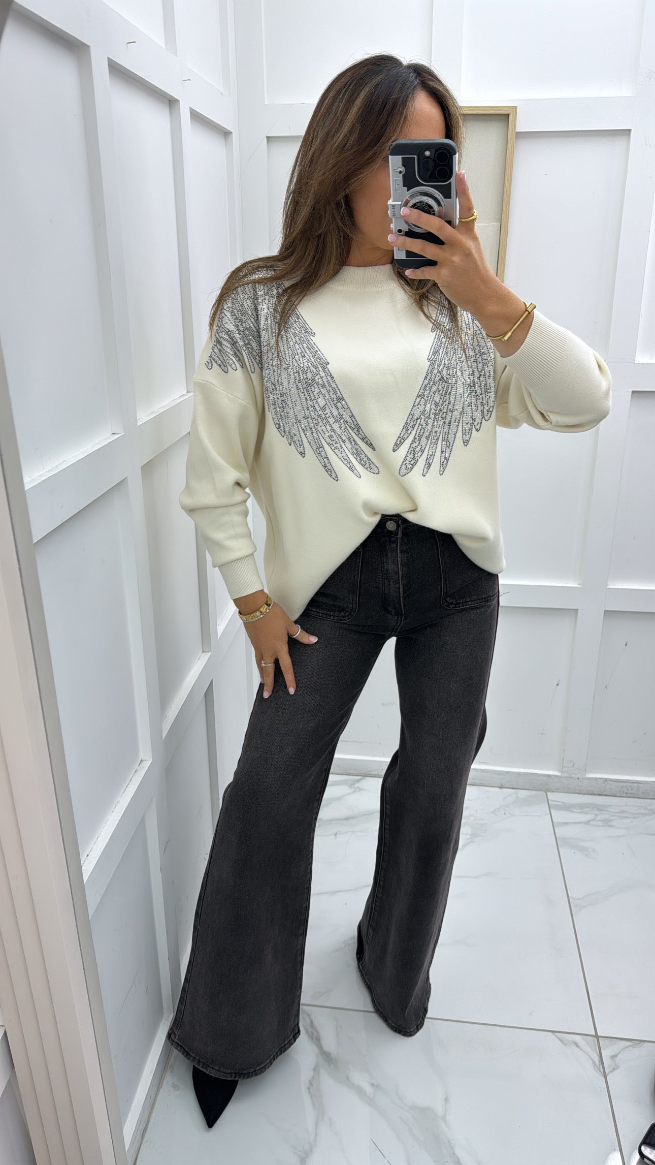 SHARNA cream embellished angel wing jumper