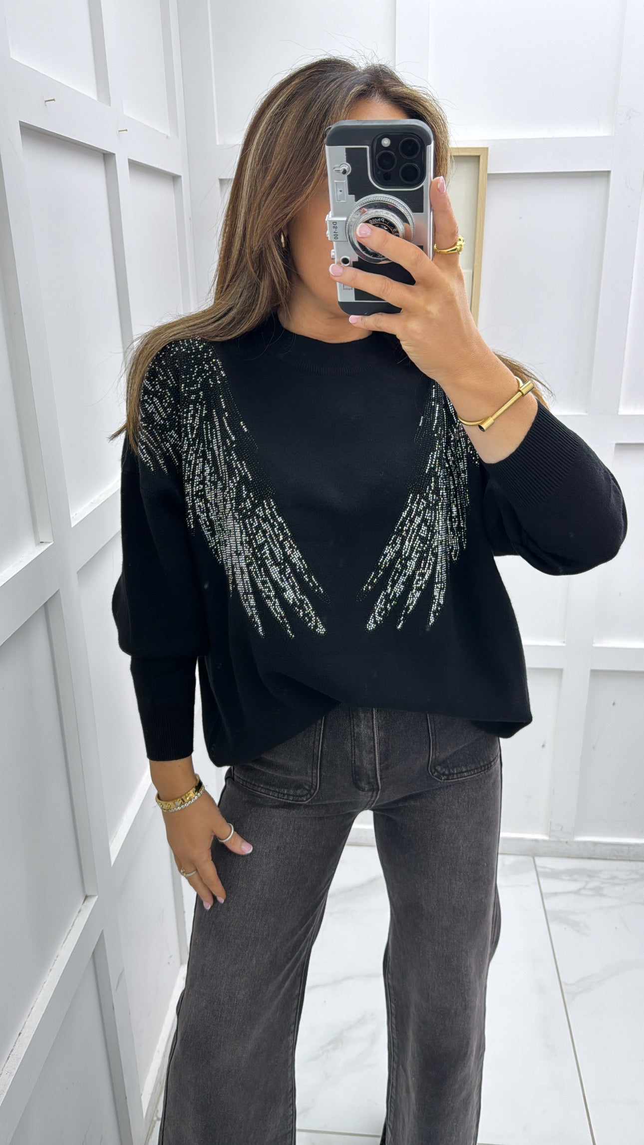 SHARNA black embellished angel wing jumper