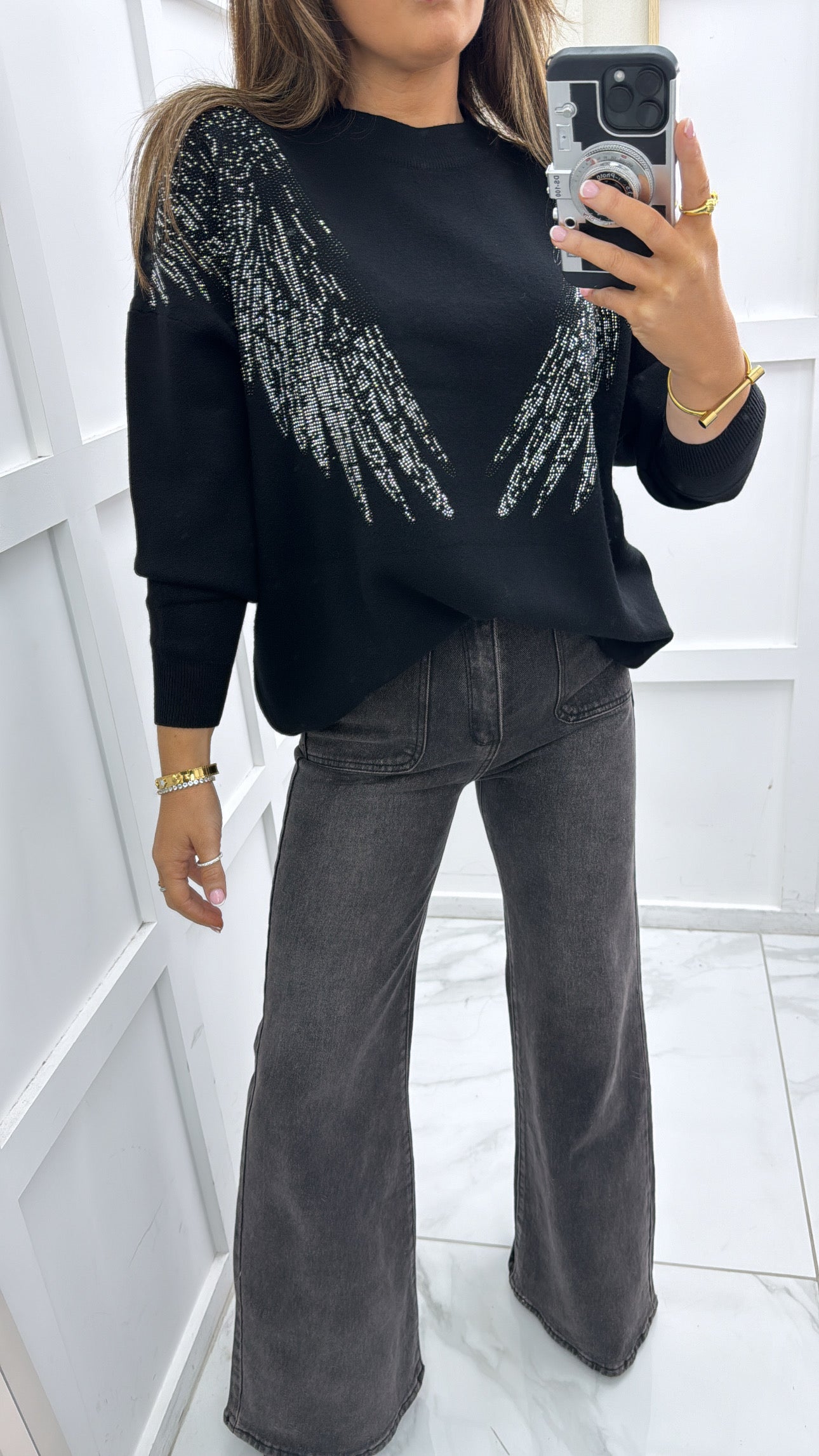 SHARNA black embellished angel wing jumper