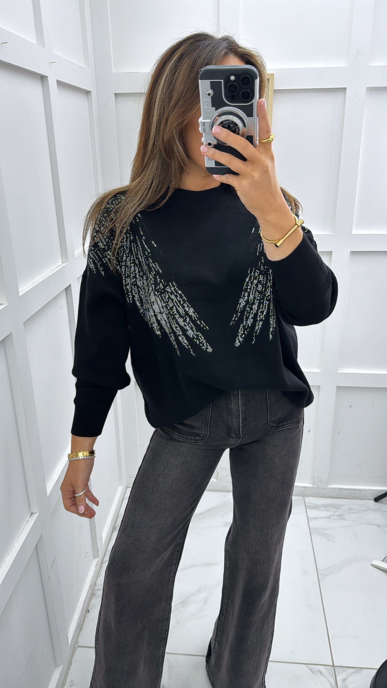 SHARNA black embellished angel wing jumper