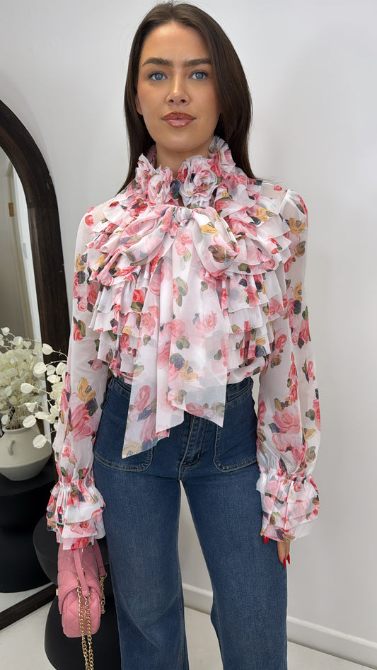 ROSIE printed ruffle tie neck blouse
