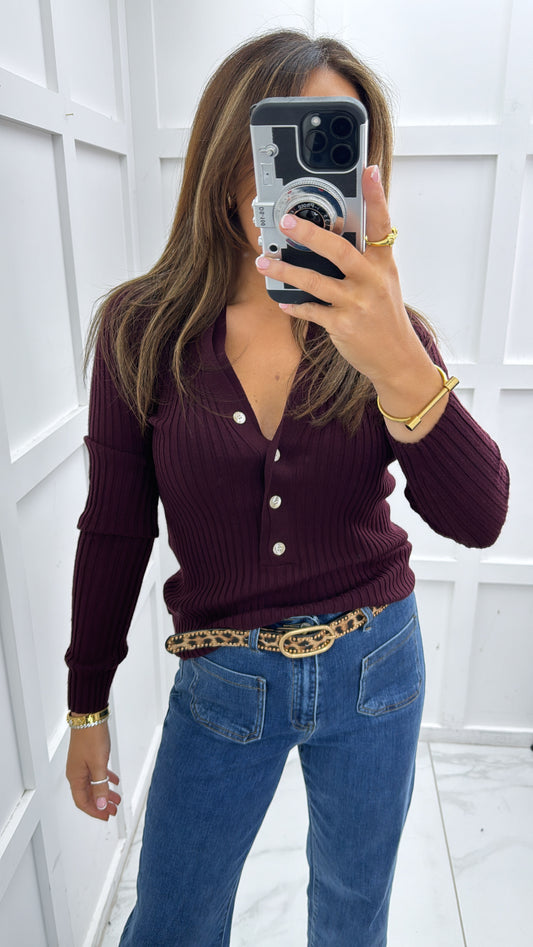 LEONIE burgundy ribbed knit button top