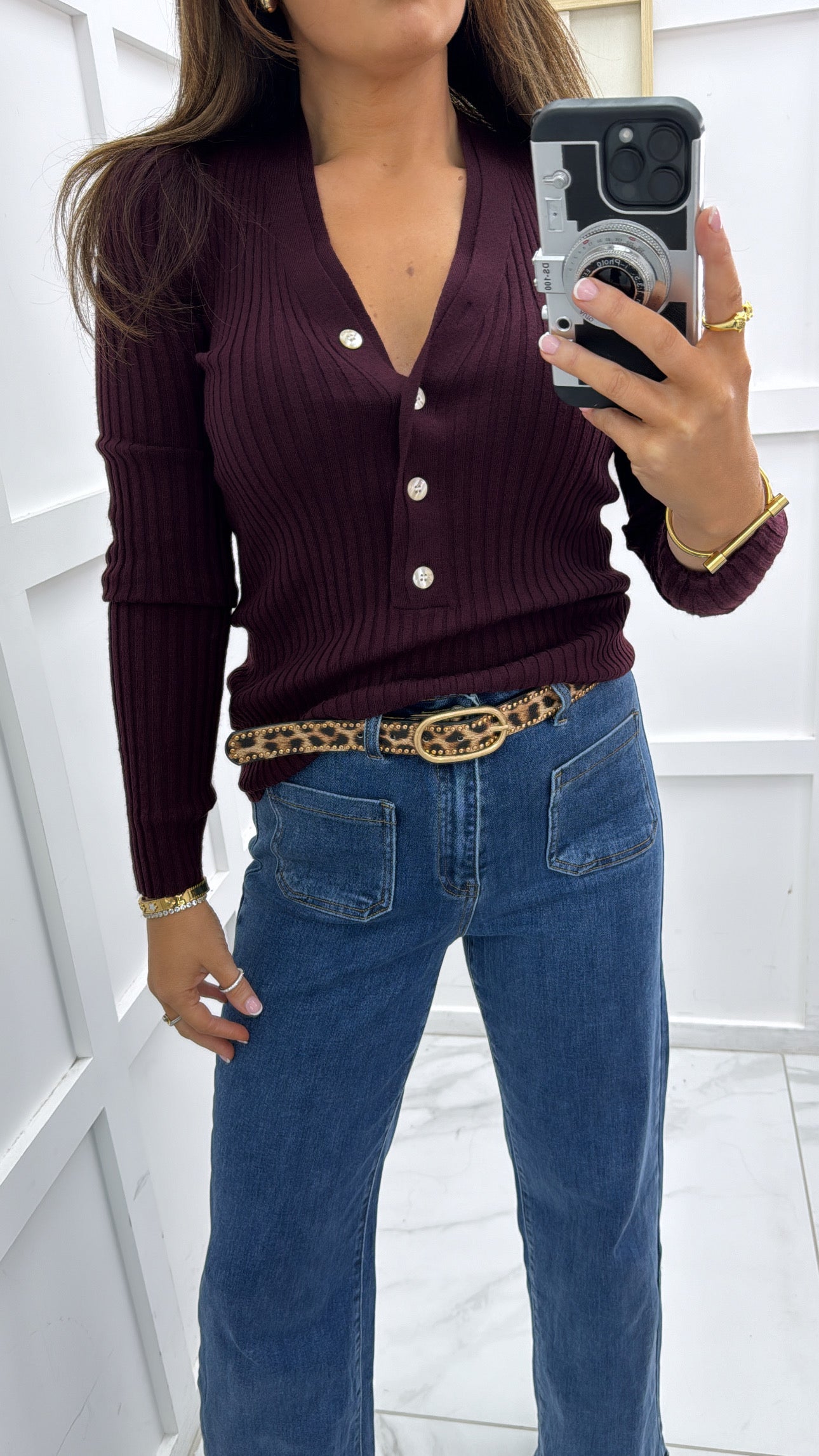 LEONIE burgundy ribbed knit button top