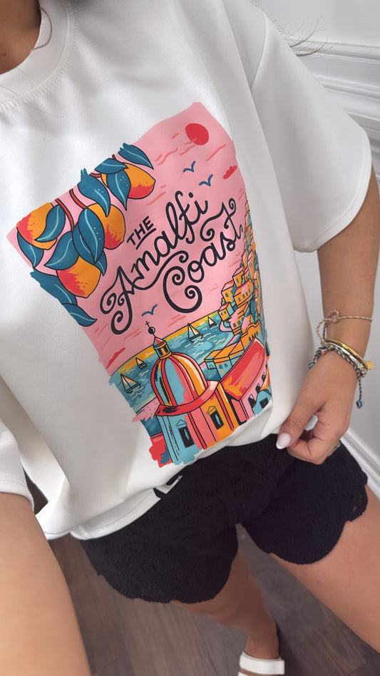 THE AMALFI COAST white super soft pink logo t-shirt