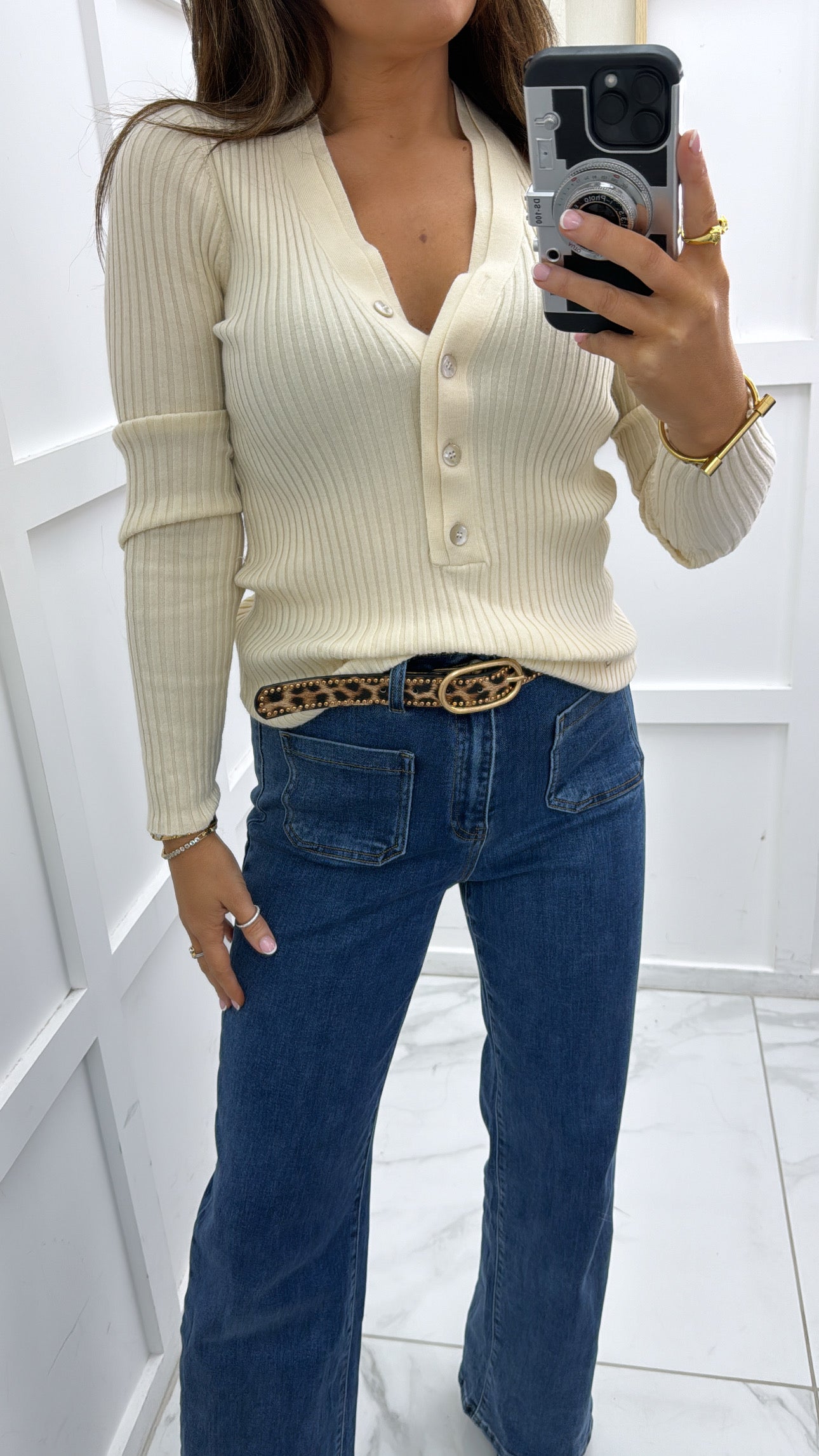 LEONIE cream ribbed knit button top