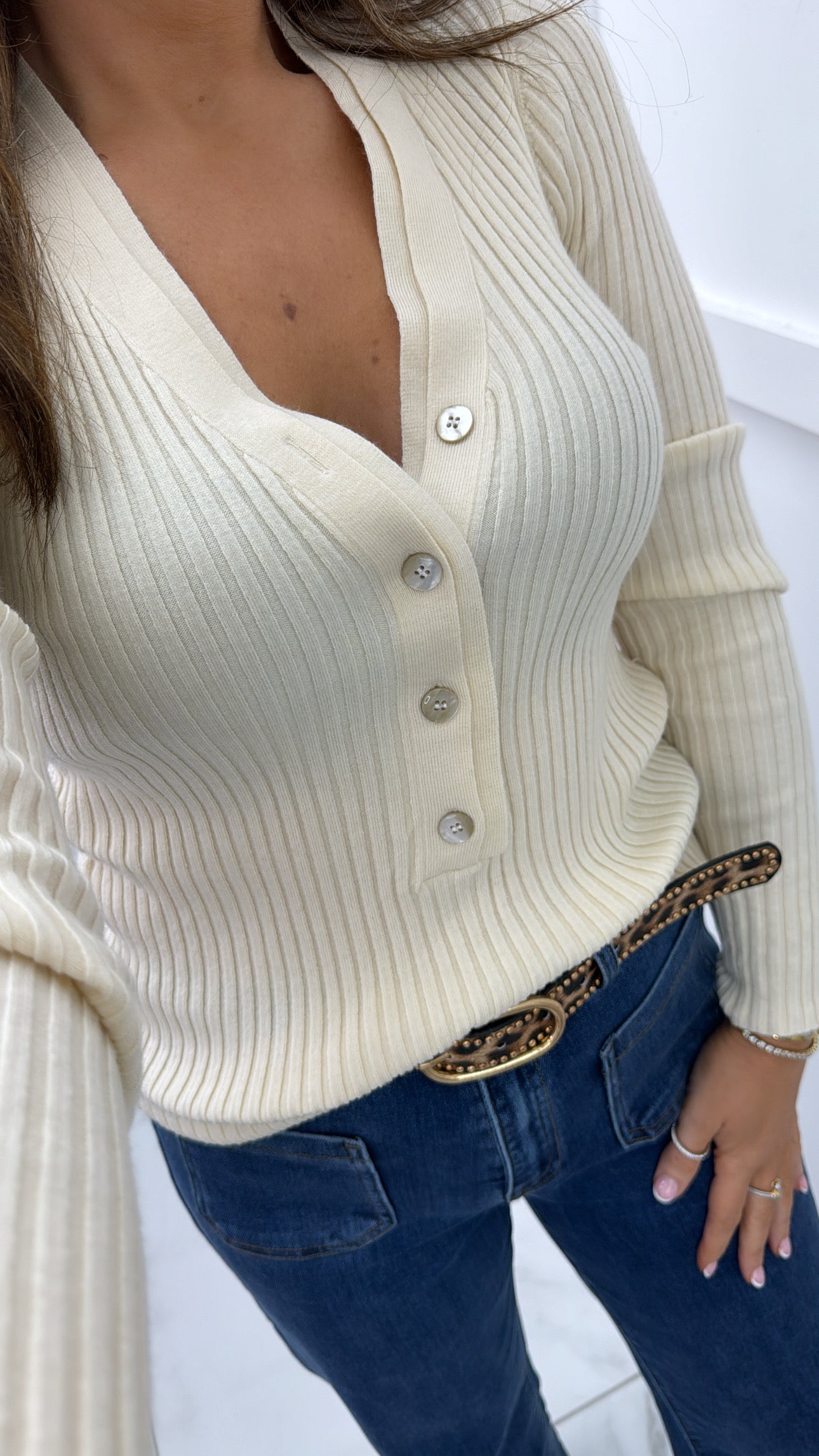 LEONIE cream ribbed knit button top