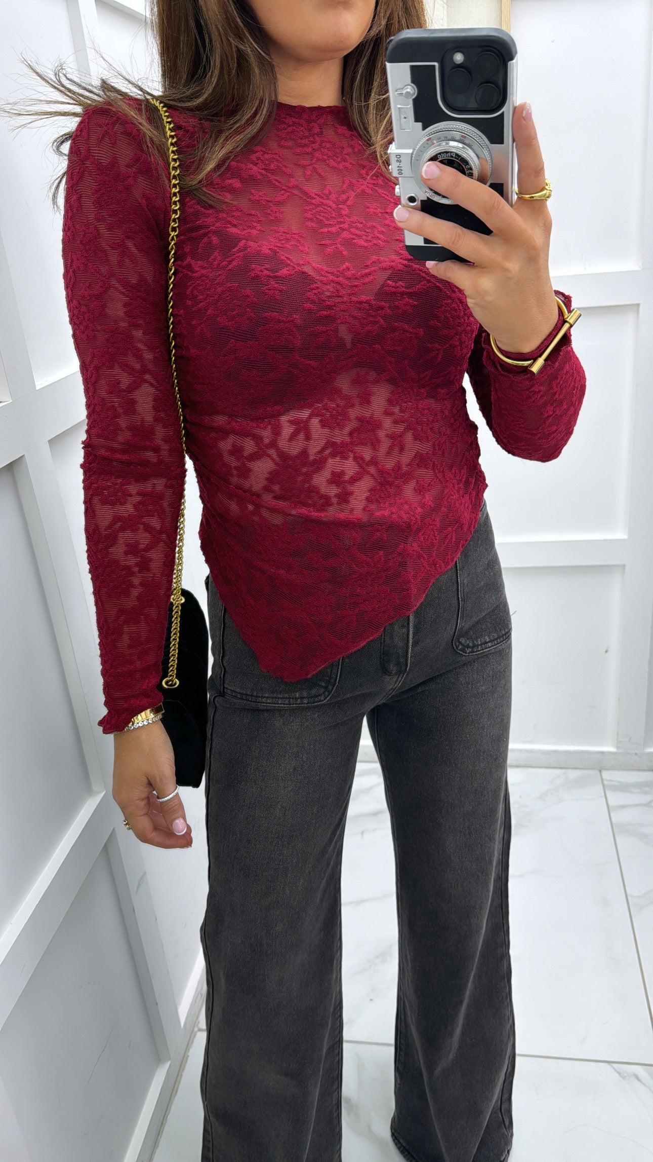 LANI burgundy lace asymmetrical top