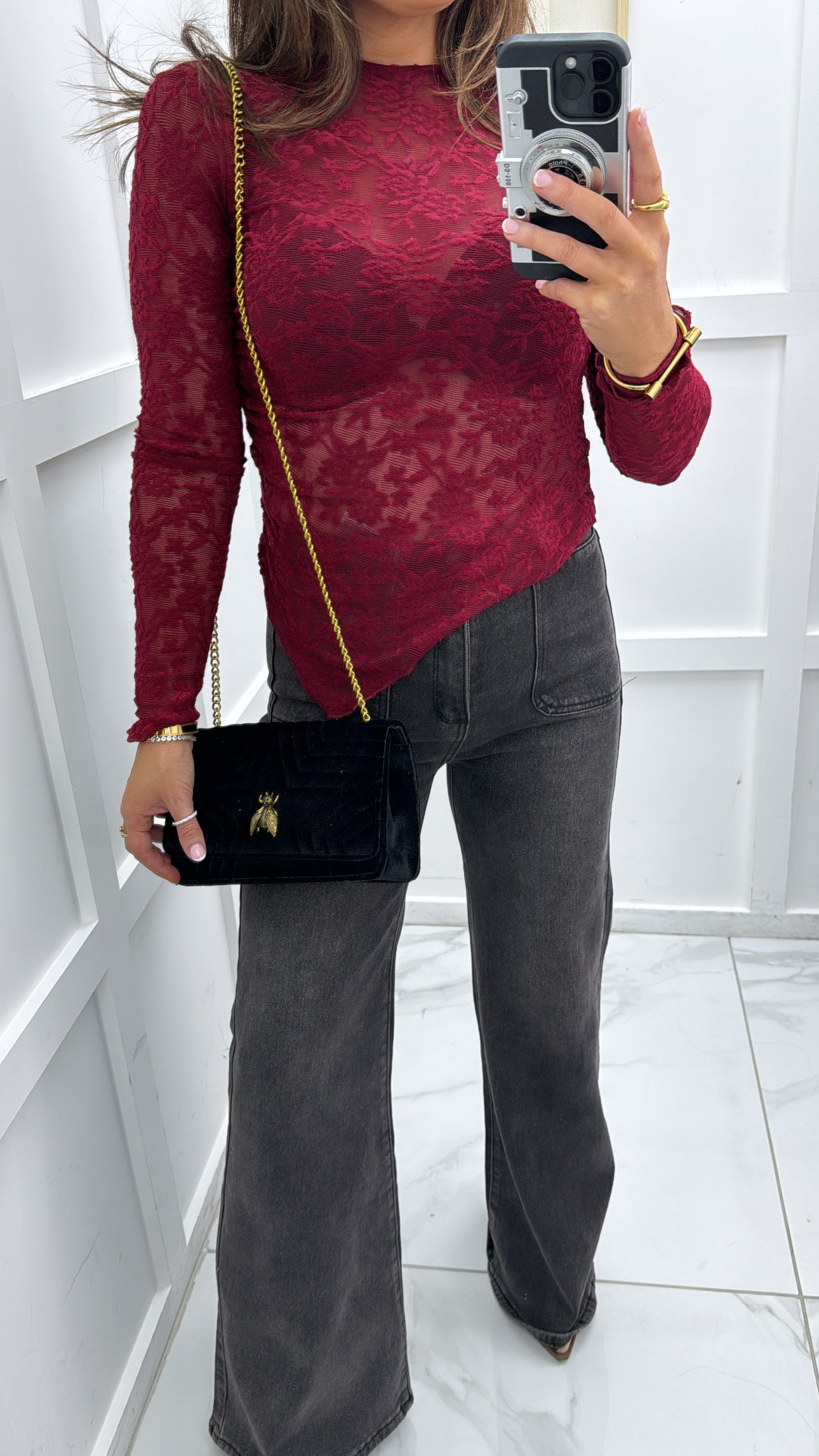 LANI burgundy lace asymmetrical top