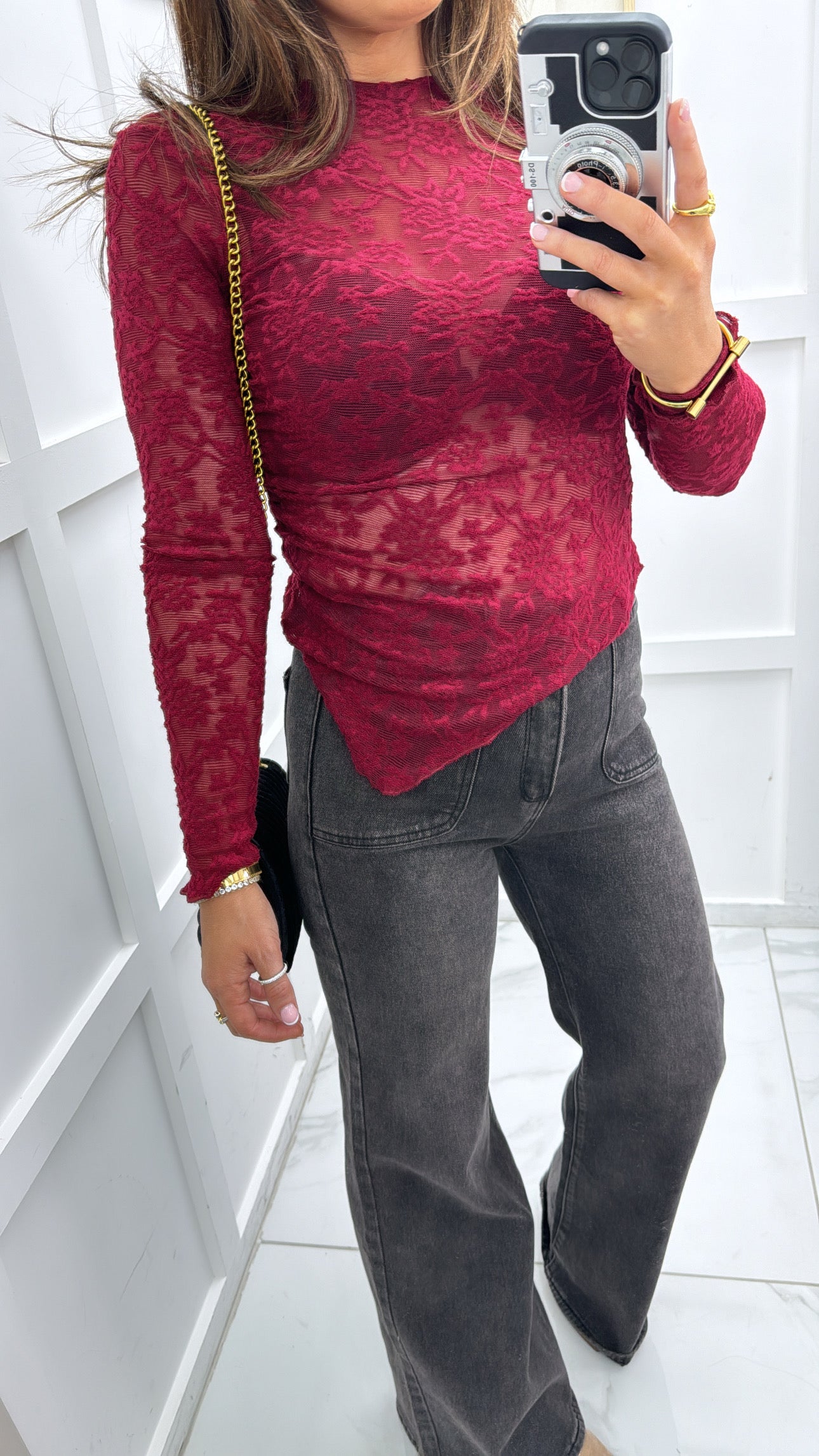 LANI burgundy lace asymmetrical top