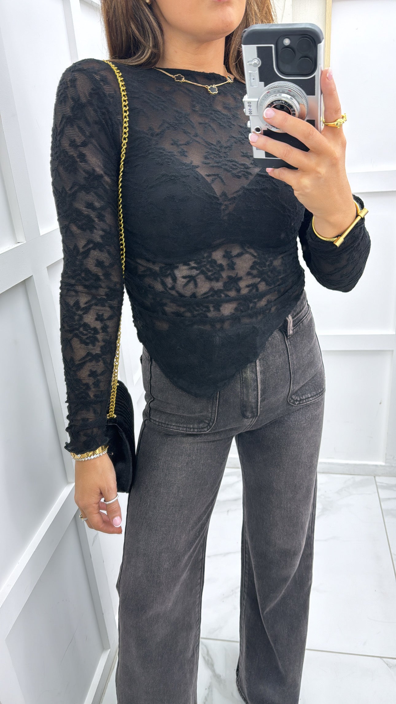 LANI black lace asymmetrical top